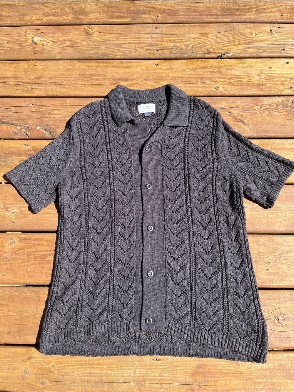 American Eagle charcoal grey knitted short sleeve button up shirt